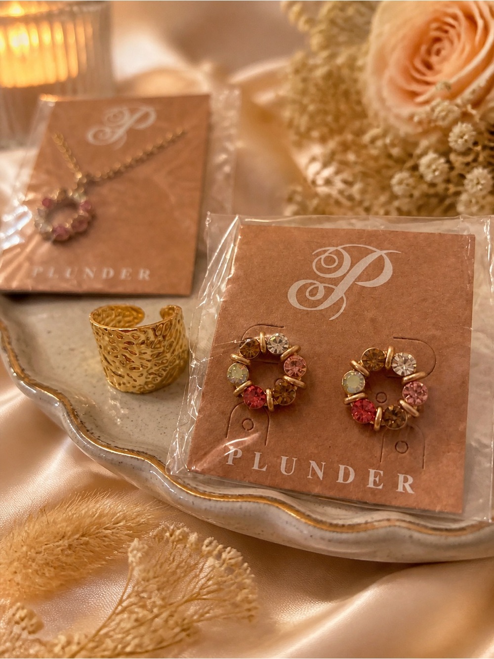 Plunder Gold Hoop Earrings with Pink, Peach, Ivory and Clear Stones